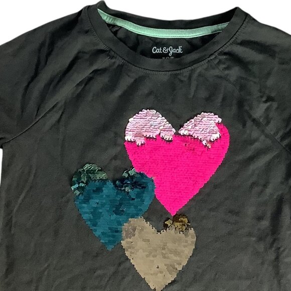 Cat & Jack Girls Flip Sequin T-Shirt Size M 7/8 Short Sleeve Hearts Tee Crew - Picture 8 of 9